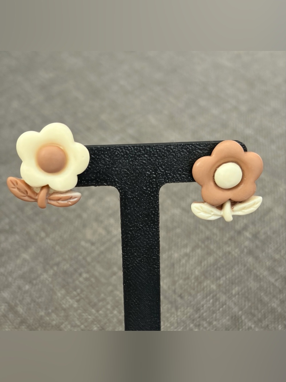 Mismatched Brown Cream Flower Stud Earrings Cottagecore